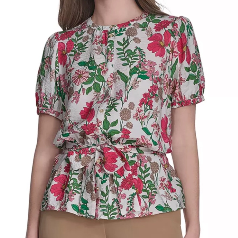 Tommy Hilfiger Floral Puff Sleeve Blouse - Pink and Green